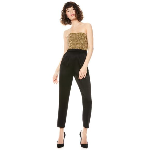 Alice + Olivia Jeri Rhinestone Embellished Strapless Jumpsuit black gold size 2 - Picture 13 of 15